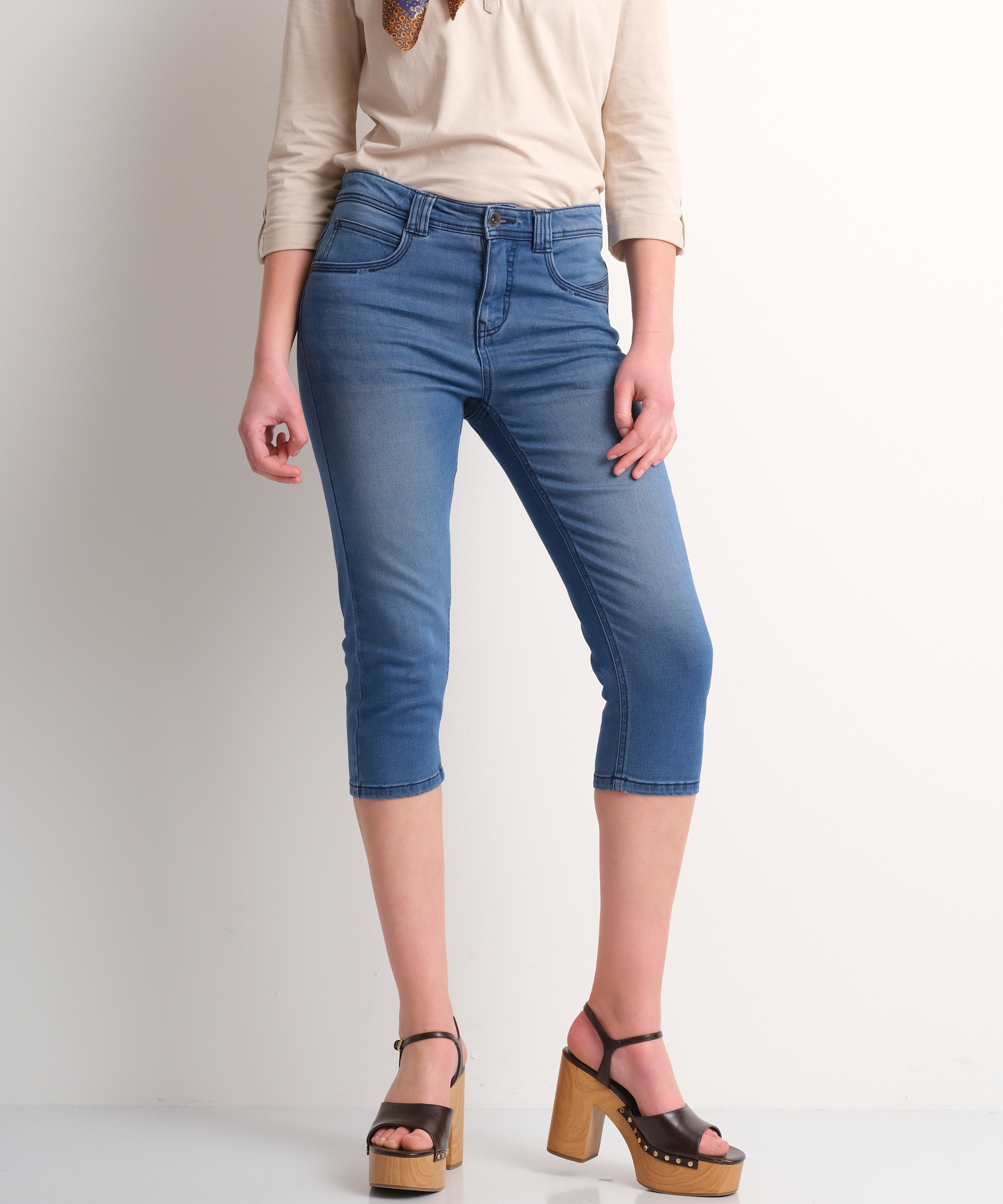 Dames soft stretch capri jeans (mid) blauw in maat