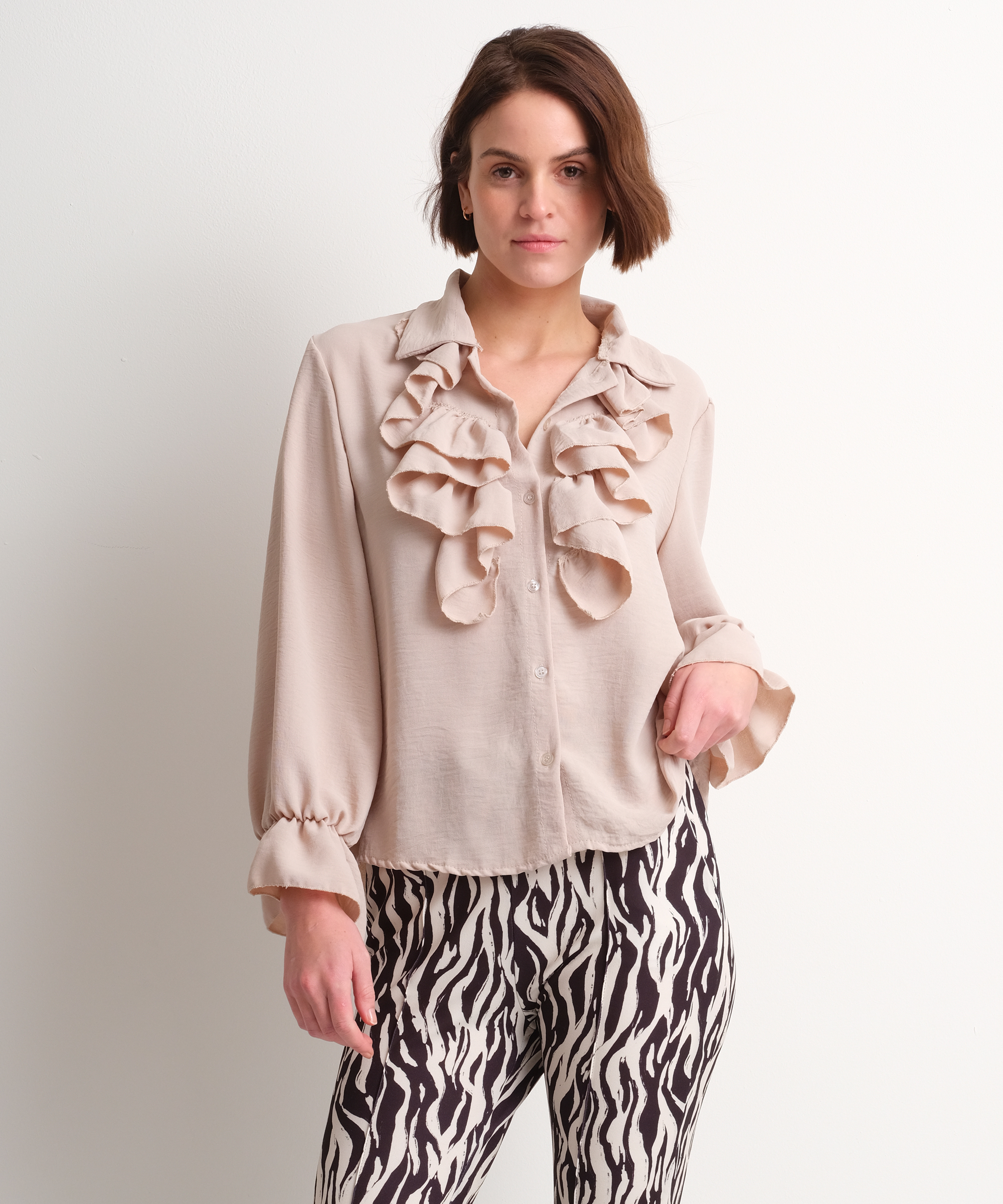 Dames uni blouse ruchedesign beige in maat